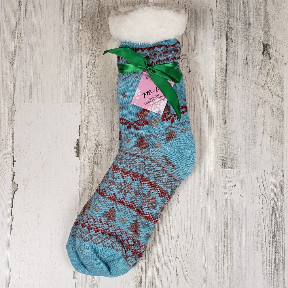 NWT Mari Clare Sherpa Lined Knit Winter Holiday Design No-Slip Slipper Socks